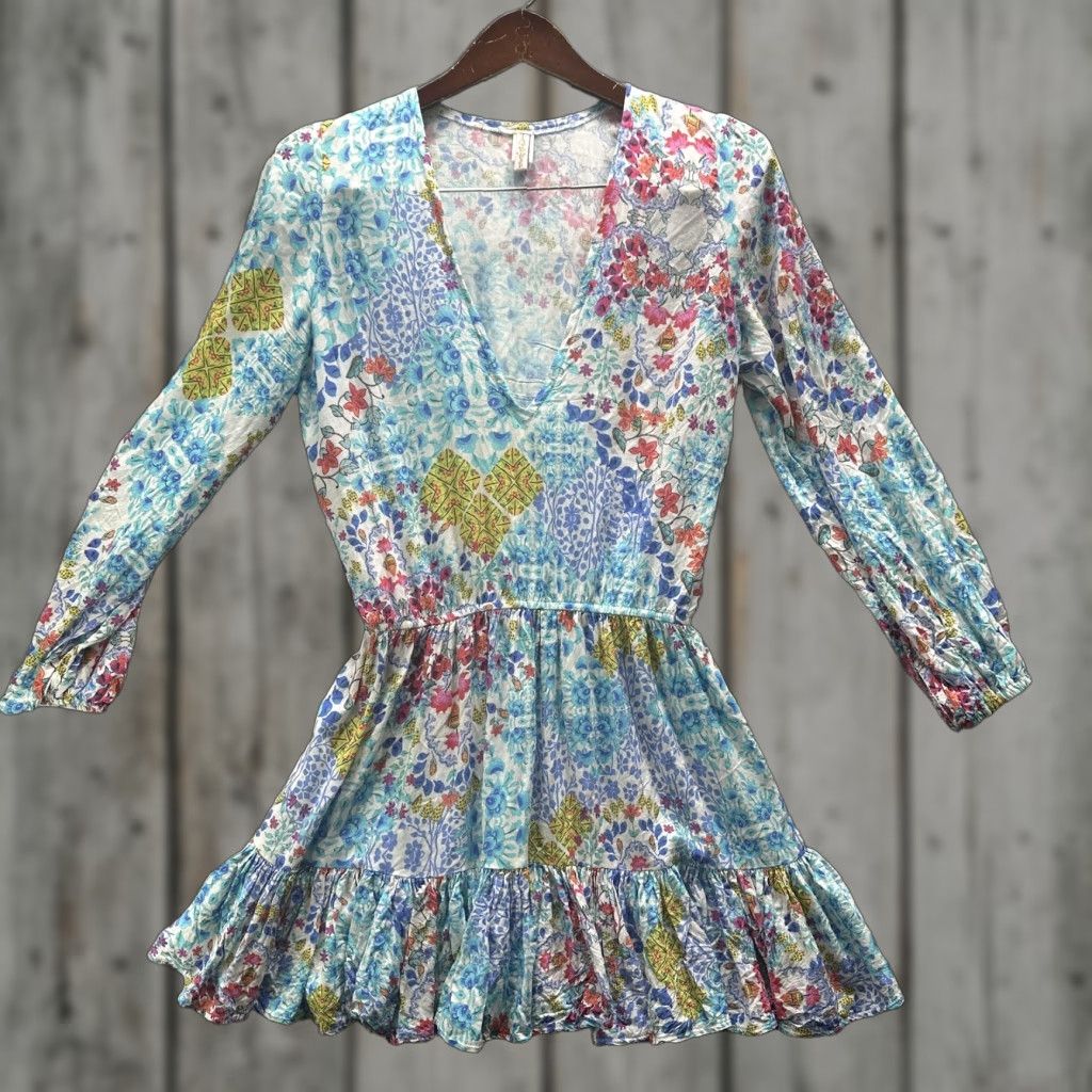 Vintage Luli Fama Dress Womens M Blue Floral Boho Ruffle Hem Long Sleeve Mini Beach Size M / US 6-8 / IT 42-44 - 1 Thumbnail