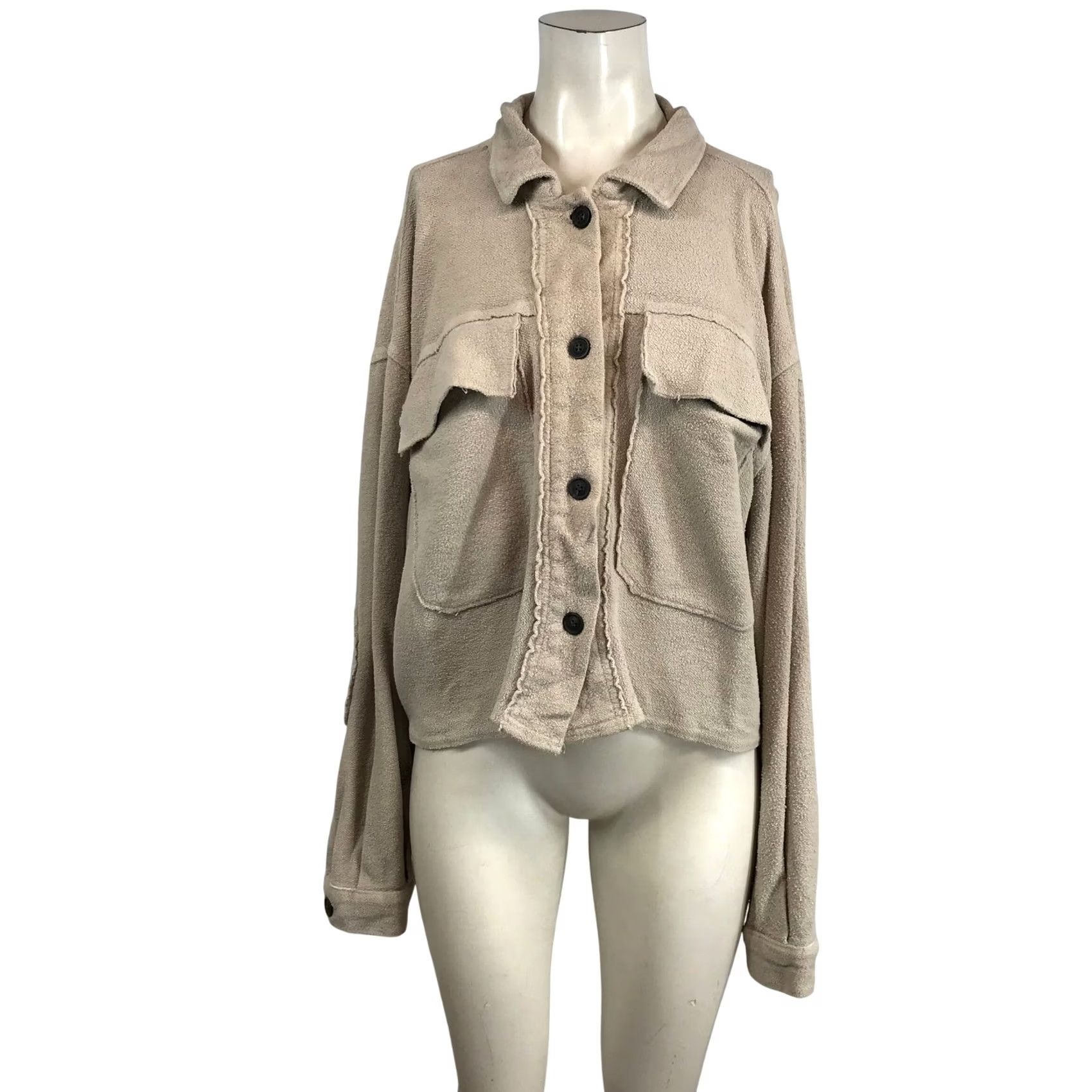 Forever 21 FOREVER 21 Womens Beige Textured Cotton Raw Edge Oversized Shacket Jacket M Size M / US 6-8 / IT 42-44 - 2 Thumbnail