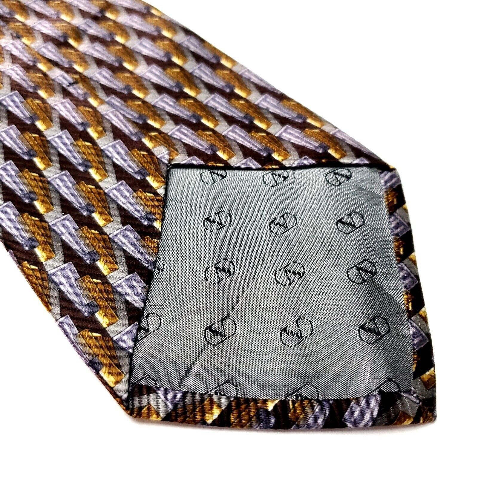 Valentino Valentino Grey & Gold Silk Tie Woven Short Wide Motif Satin Size ONE SIZE - 5 Thumbnail