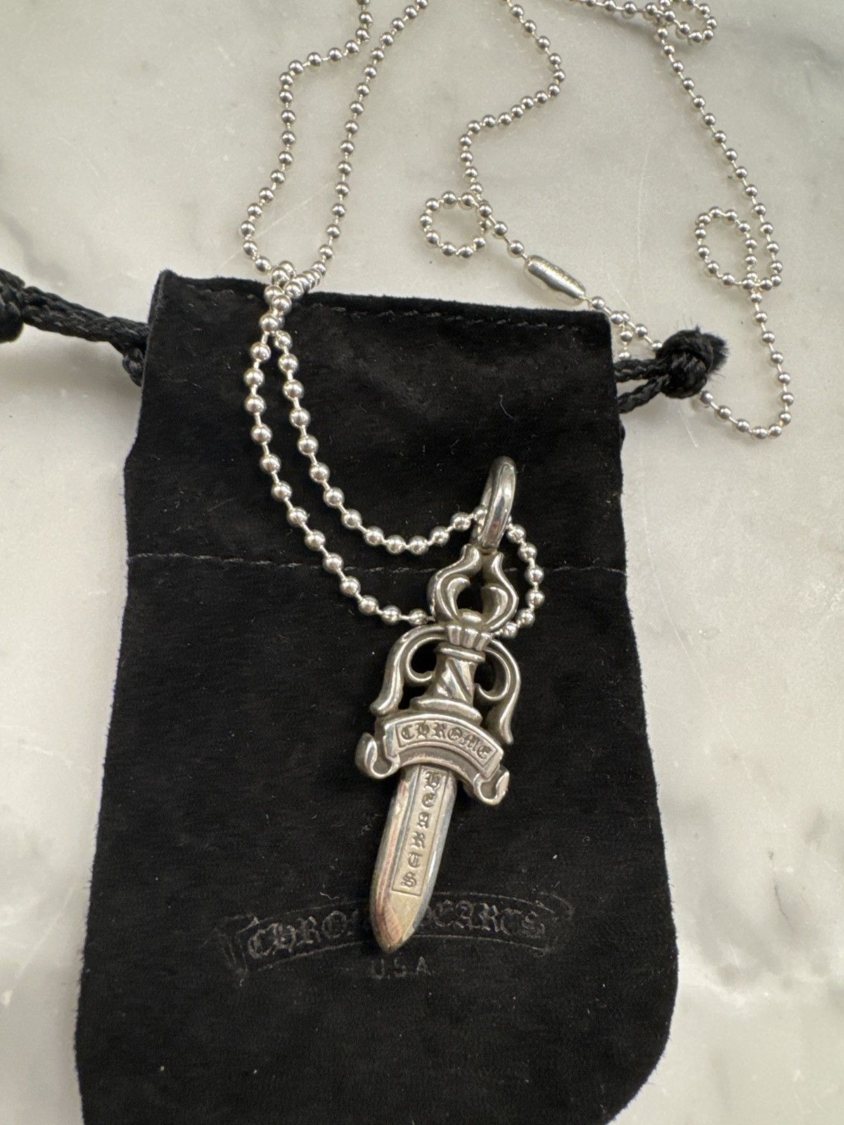 image of Chrome Hearts Silver Double Dagger Pendant With Ball Chain, Men's