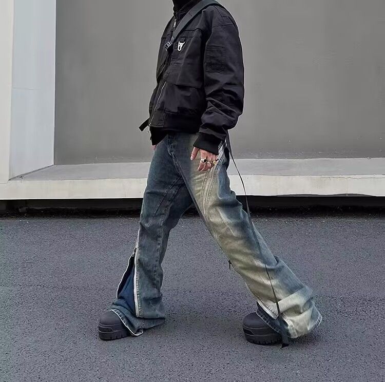 Street wash gradient grunge zipper micro-flare jeans