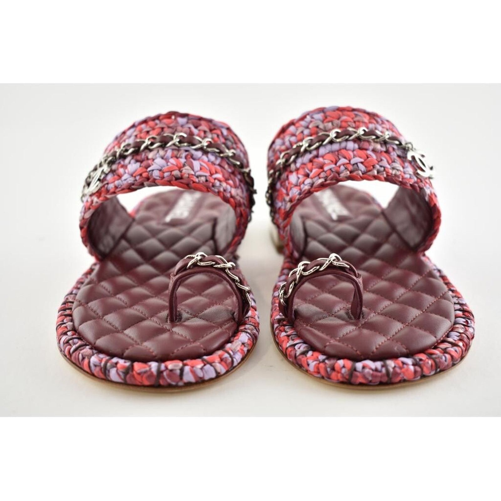 Chanel Chanel 20S Red Purple Raffia Tweed CC Chain Logo Mule Size US 7 / IT 37 - 6 Thumbnail