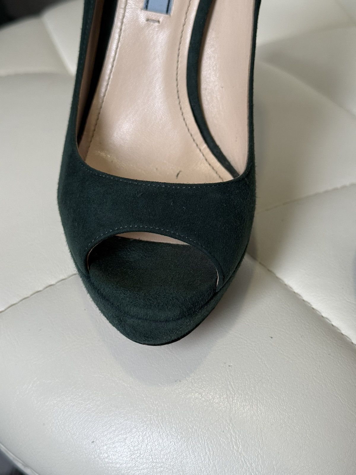Prada Prada Green Suede Platform Peep Toe Stiletto High Heel Pumps Size US 7.5 / IT 37.5 - 15 Thumbnail