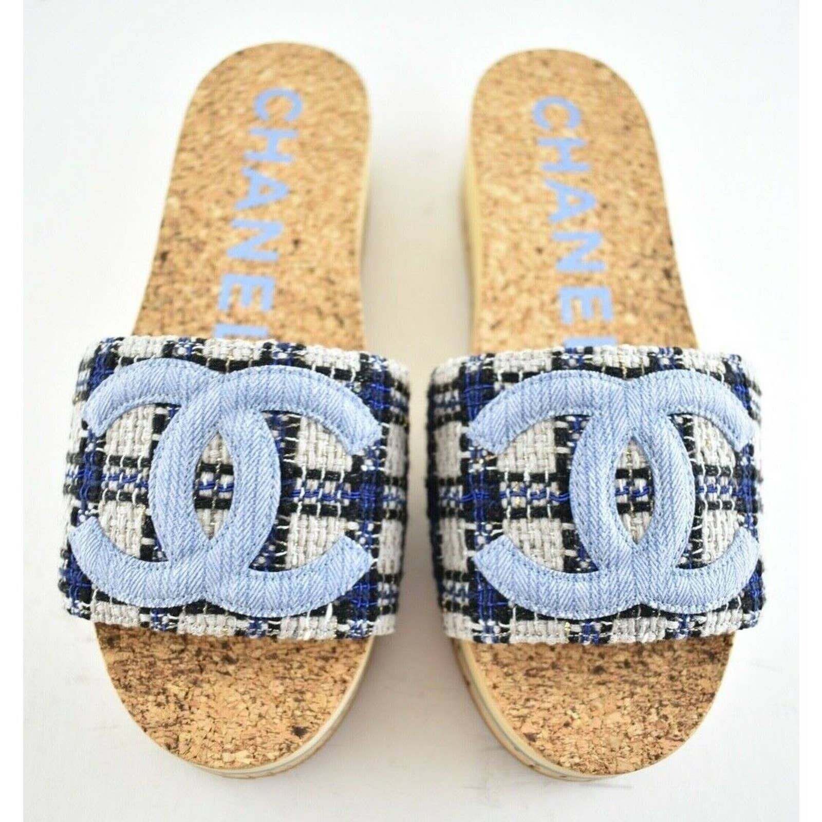 Chanel 20P Blue Tweed Denim CC Logo Cork Mule Slide Slip