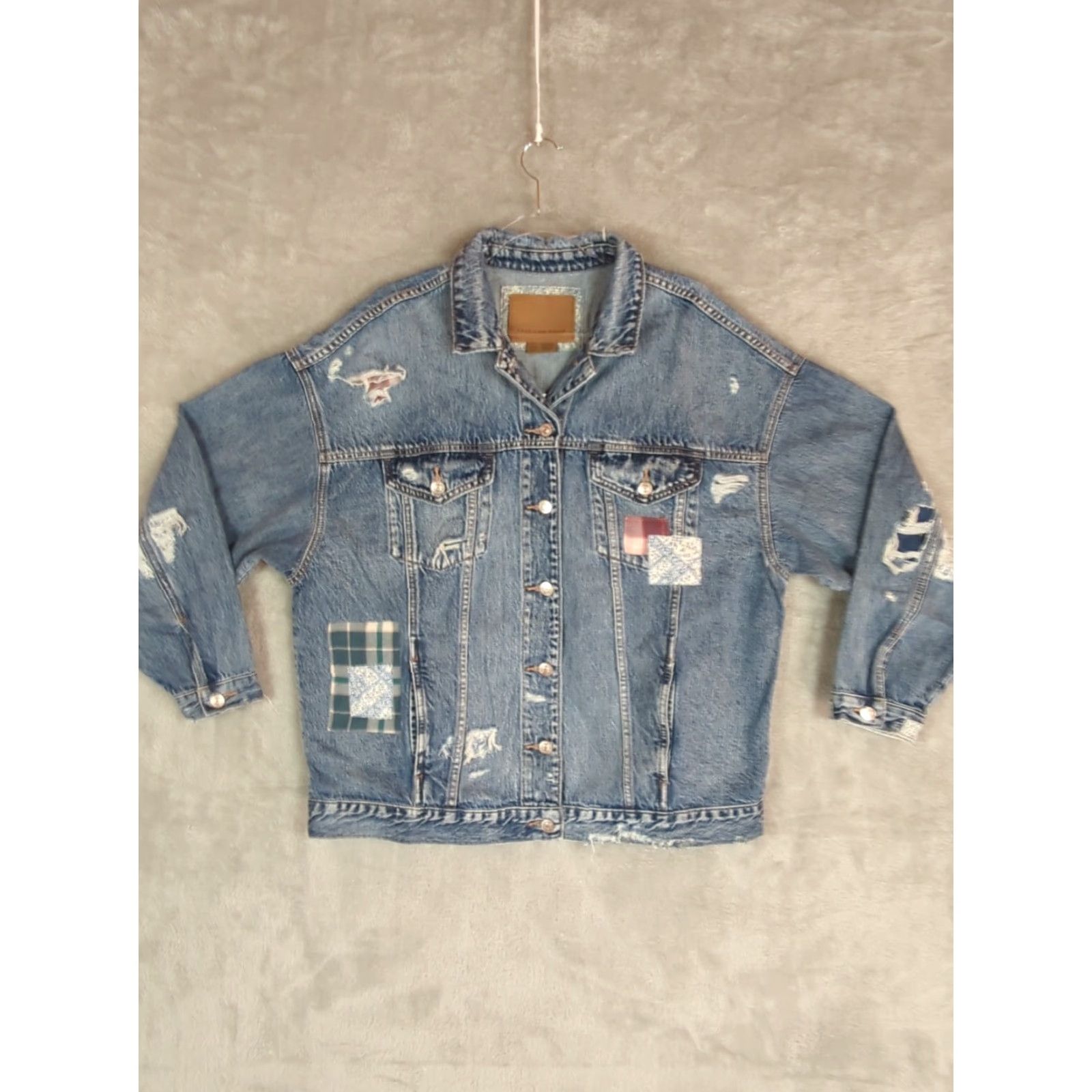 American Eagle Outfitters VINTAGE American Eagle Boyfriend Jean Jacket XL Blue Patchwork Distressed Oversized Size 40" / US 18 - 2 Thumbnail