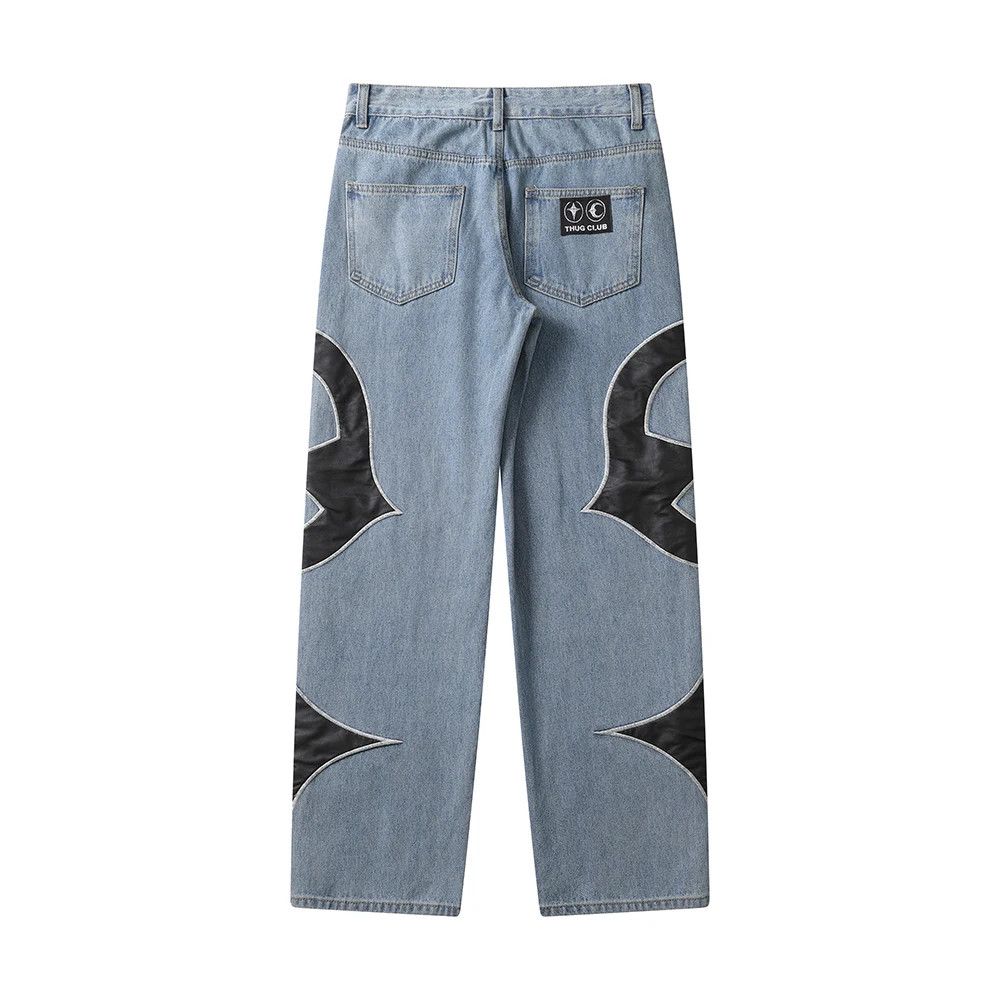 Japanese Brand × Jean Embroidery Pu Leaher Patchwork Baggy Jeans Size US 31 - 2 Thumbnail