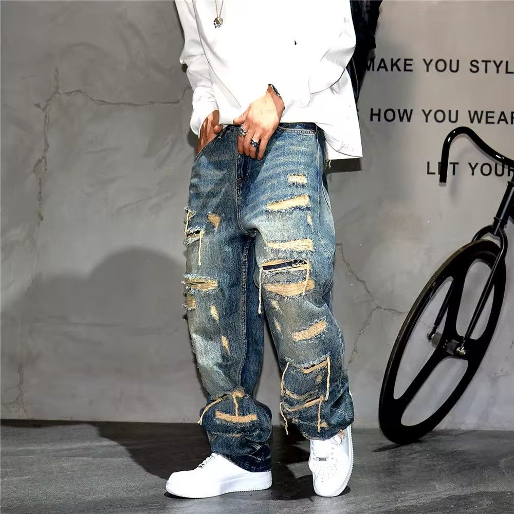Japanese Brand × Jean Hand Sewn Patch Ripped Baggy Denim Size US 35 - 2 Thumbnail