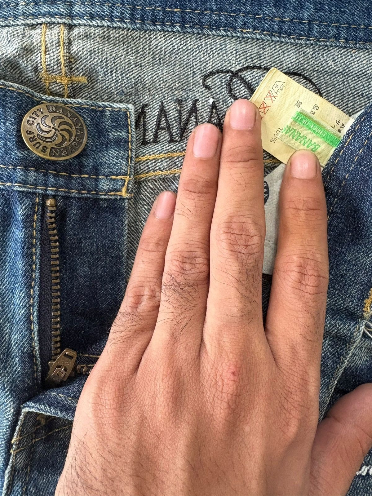 Japanese Brand Vintage Banana Seven Distressed Embroidery Bootcut Jeans Size 31" - 9 Thumbnail