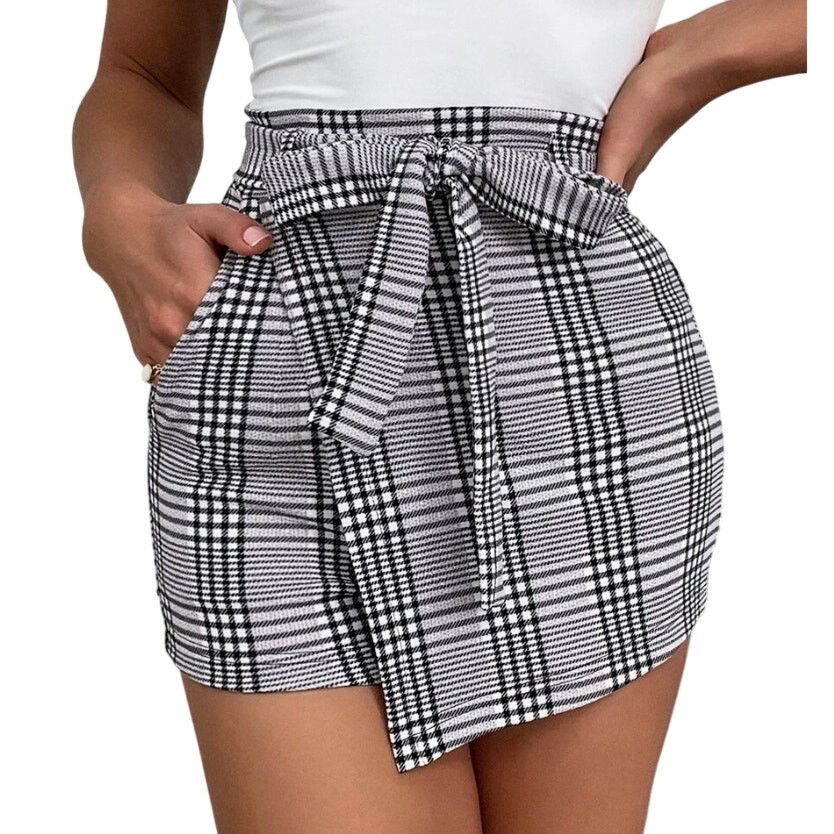 Shein High Waist Plaid Wrap Front Belted Skort, Size L Size 34" / US 12 / IT 48 - 1 Thumbnail
