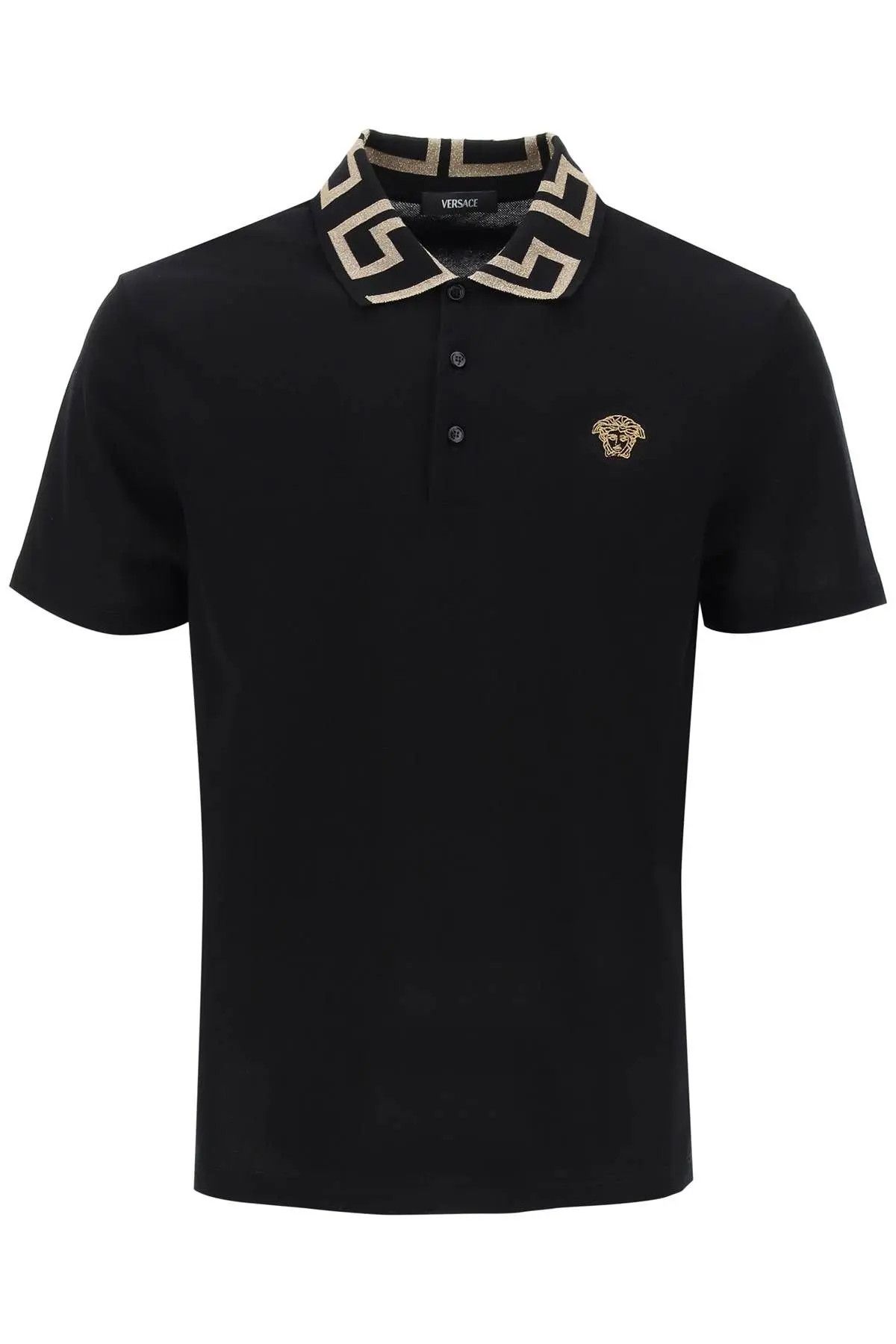 Image of Versace O1S22I1N0124 Greca Collar Polo Shirt In Black Gold, Men's (Size XL)