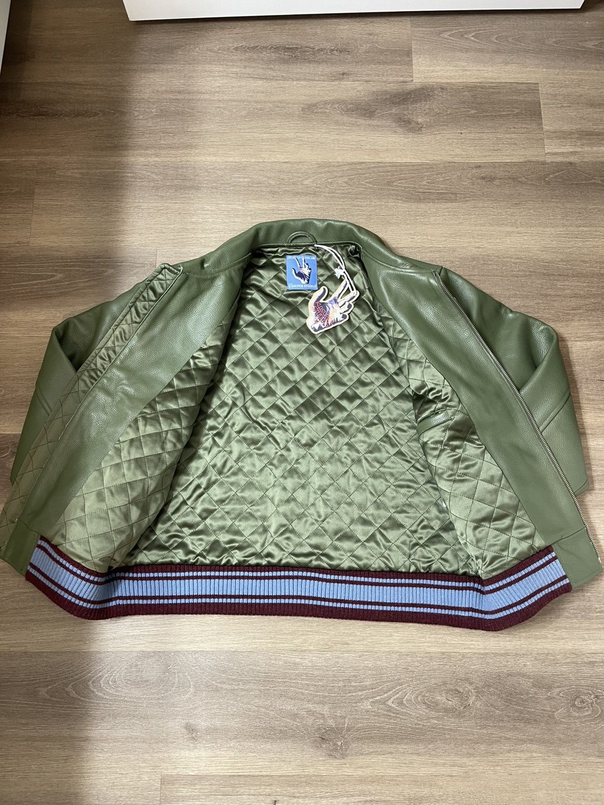 KidSuper PATCHWORK FACE LEATHER VARSITY JACKET [GREEN] Size US L / EU 52-54 / 3 - 3 Thumbnail