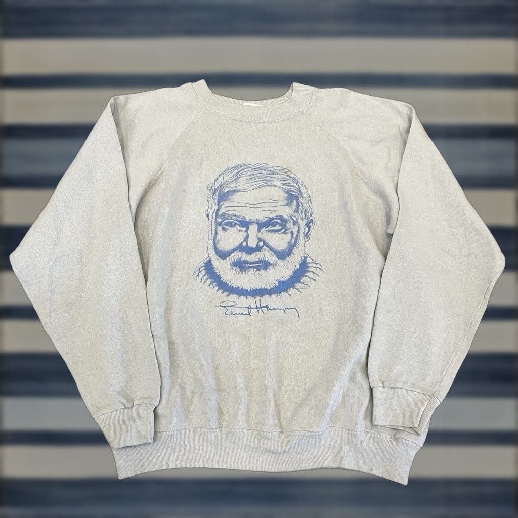 VINTAGE Hemingway Sweatshirt Crewneck Gray Hanes 1990s 50/50 Cotton Polyester Large Mens/Unisex Mockup