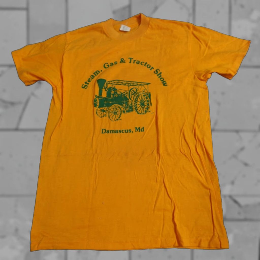 GAS VINTAGE Steam Gas Tractor Show Shirt T-Shirt Short Sleeve Yellow 80s Mens Small USA Made Damascus MD Damask? Size US S / EU 44-46 / 1 - 1 Thumbnail