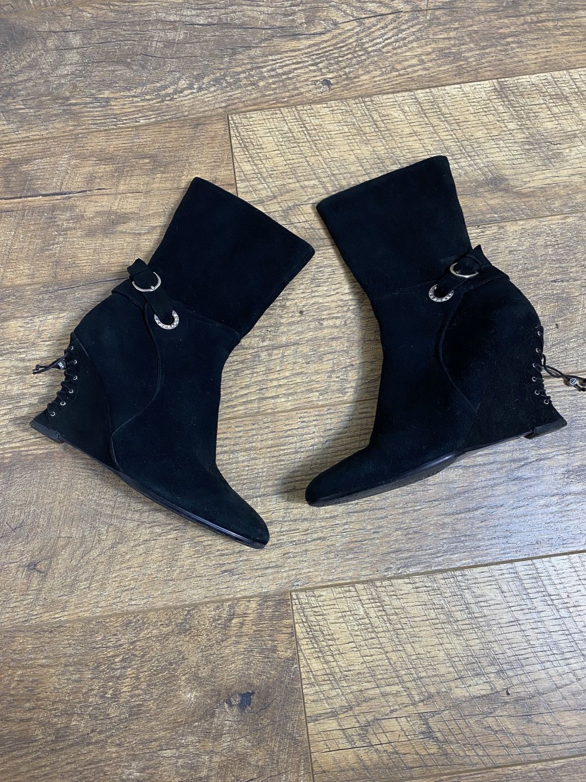 Japanese Brand Rare Y2K Avant Garde Laced Suede Wedge Boots Size US 8 / IT 38 - 1 Thumbnail