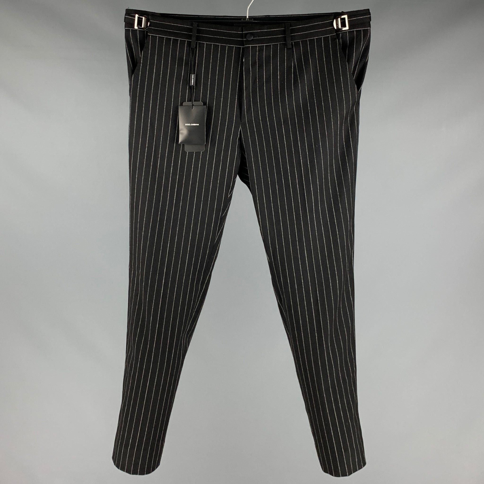 image of Dolce Gabbana Black White Stripe Wool Blend Tuxedo Dress Pants, Men's (Size 36)