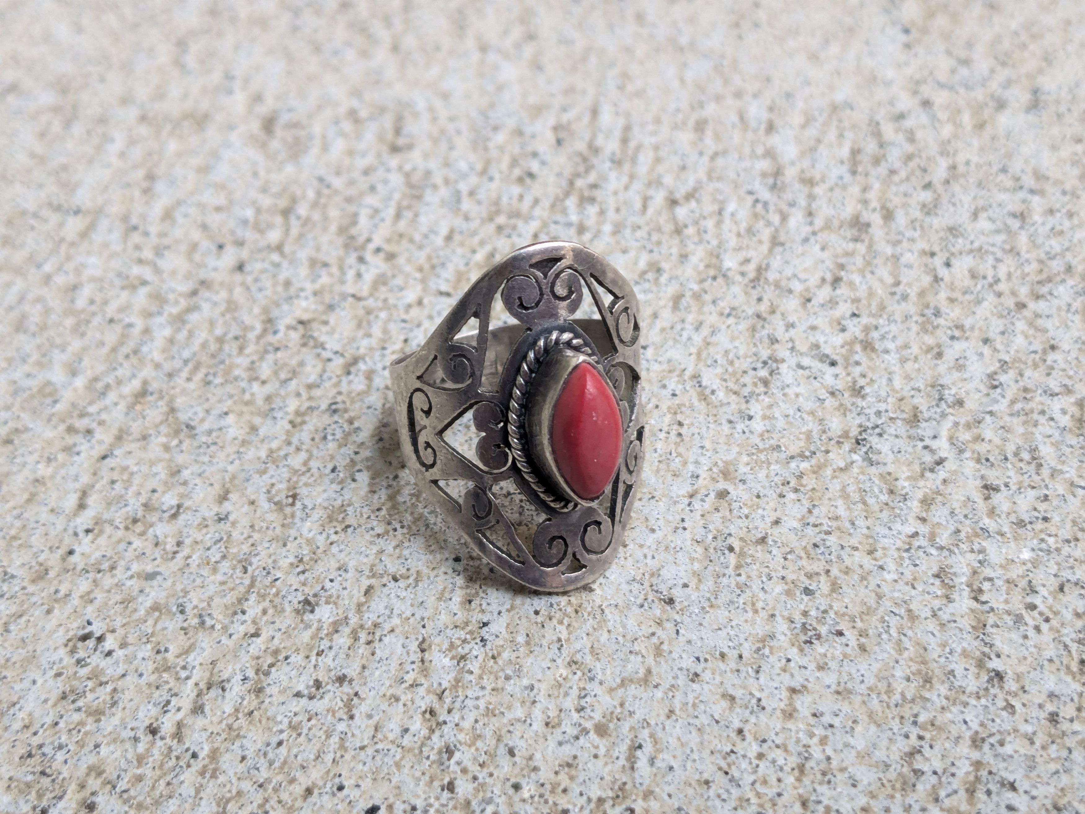 Jewelry × Sterling Silver Vintage Sterling Silver Ring 7.5 Red Coral Marquise Size ONE SIZE - 2 Thumbnail