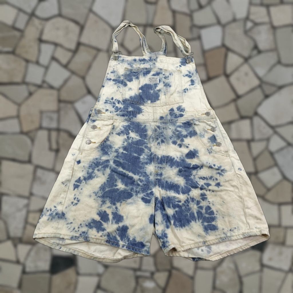 Levis Shortalls Womens Large Blue White Tie-Dye Bib Denim Jean Overall Shorts