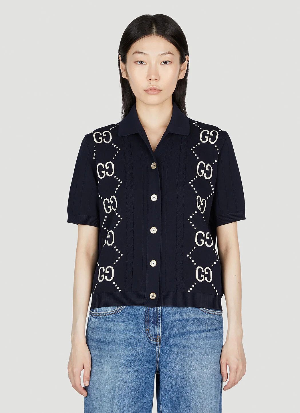 Gucci o1la5ras0526 Cotton Cardigan With GG Intarsia in Blue Size XS / US 0-2 / IT 36-38 - 1 Thumbnail