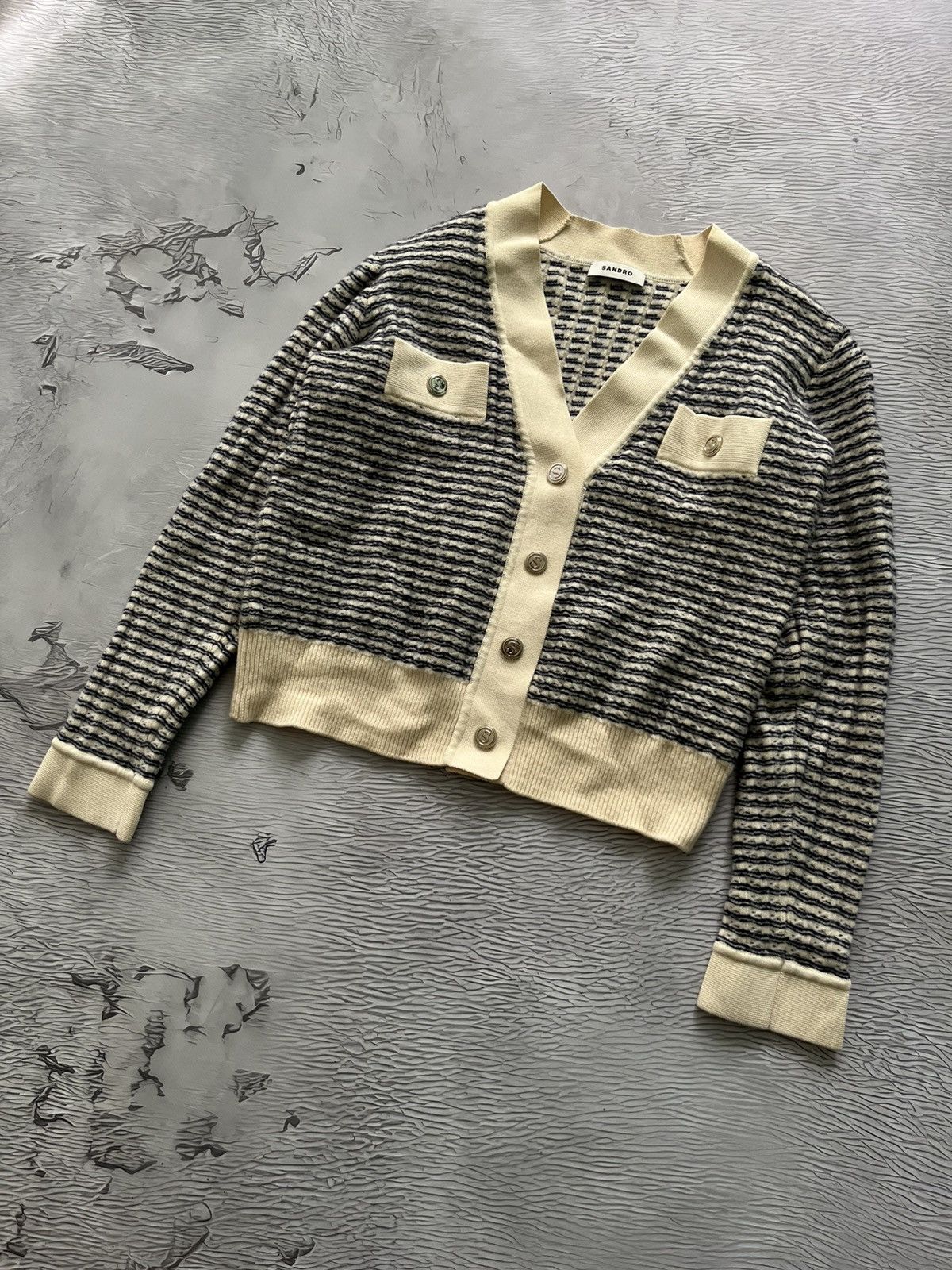 Sandro Sandro Luxury Stripped Cardigan V-Neck Sweater Wool Size S / US 4 / IT 40 - 1 Thumbnail