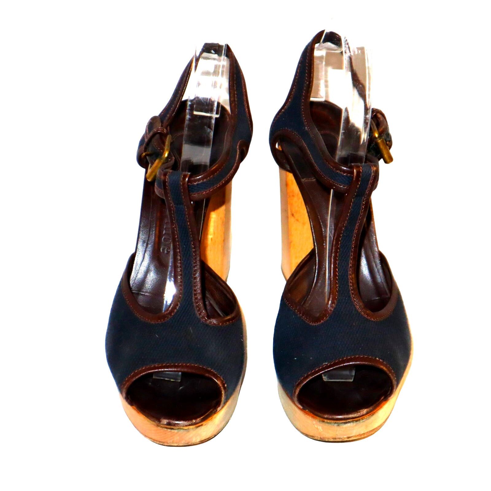 Chloe Women's Chloe Brown & Navy Strappy Block Heels Sz 39/US 9 Size US 9 / IT 39 - 4 Thumbnail