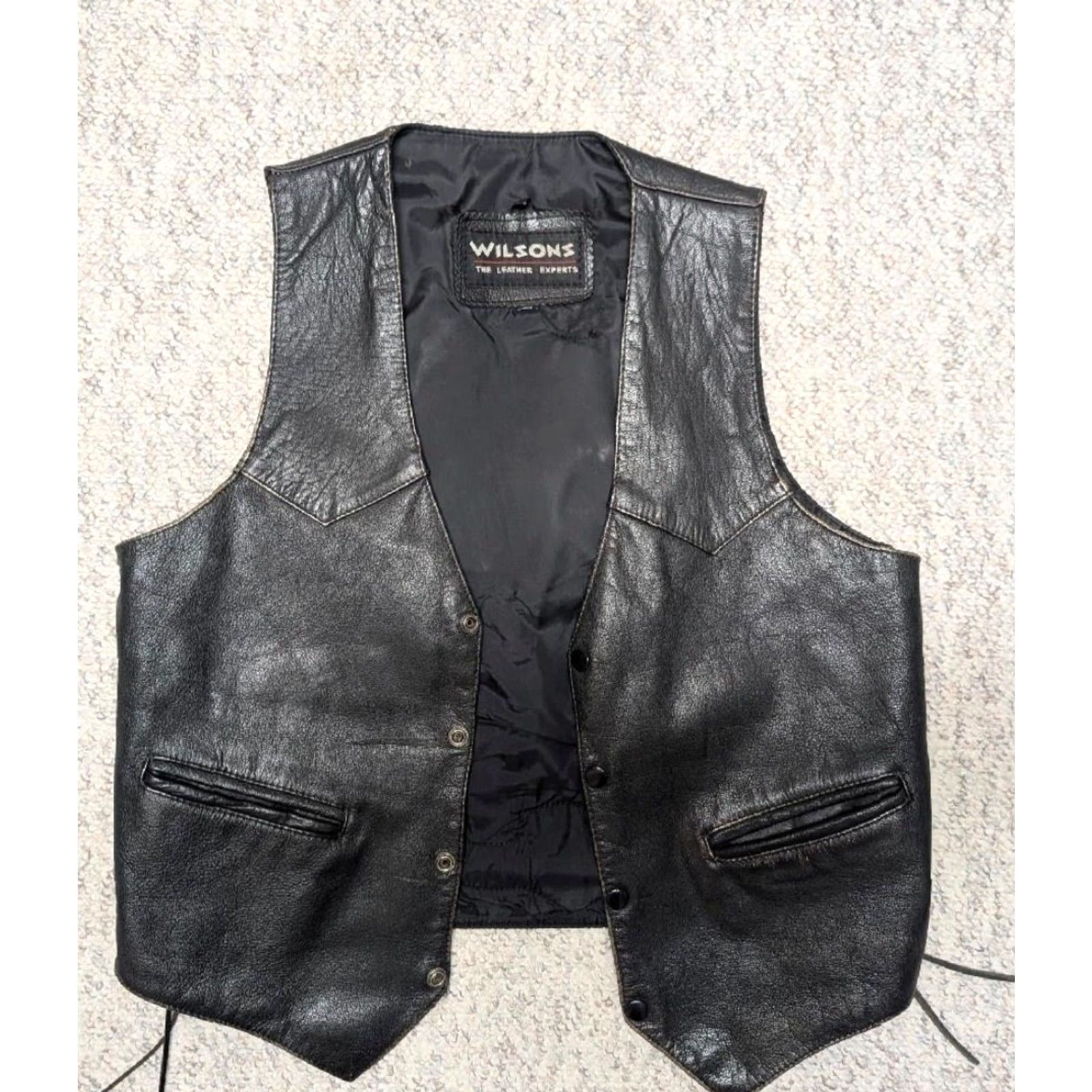Vintage VINTAGE Wilsons leather vest Harley Eagle black leather Western vest Mens S 38-40 snap 1990s biker Size US S / EU 44-46 / 1 - 5 Thumbnail