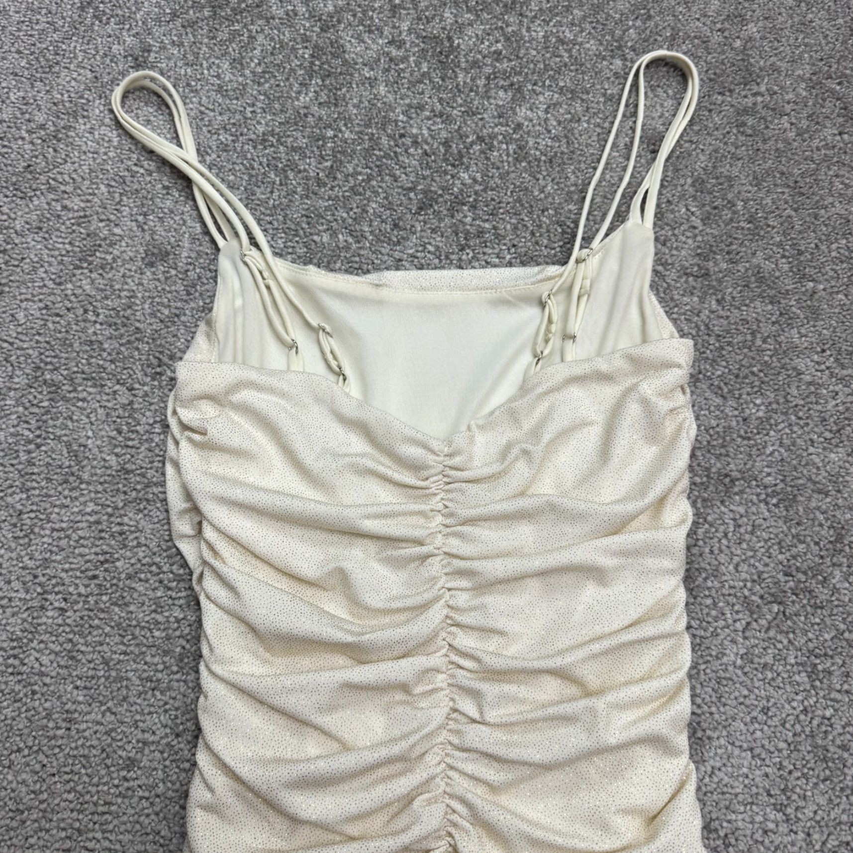 Vintage LUCY IN THE SKY Dress Mini Sleeveless Ruched Shimmer XS Cream Beig​e Plunging Knit Polyester Women's Size XS / US 0-2 / IT 36-38 - 4 Thumbnail