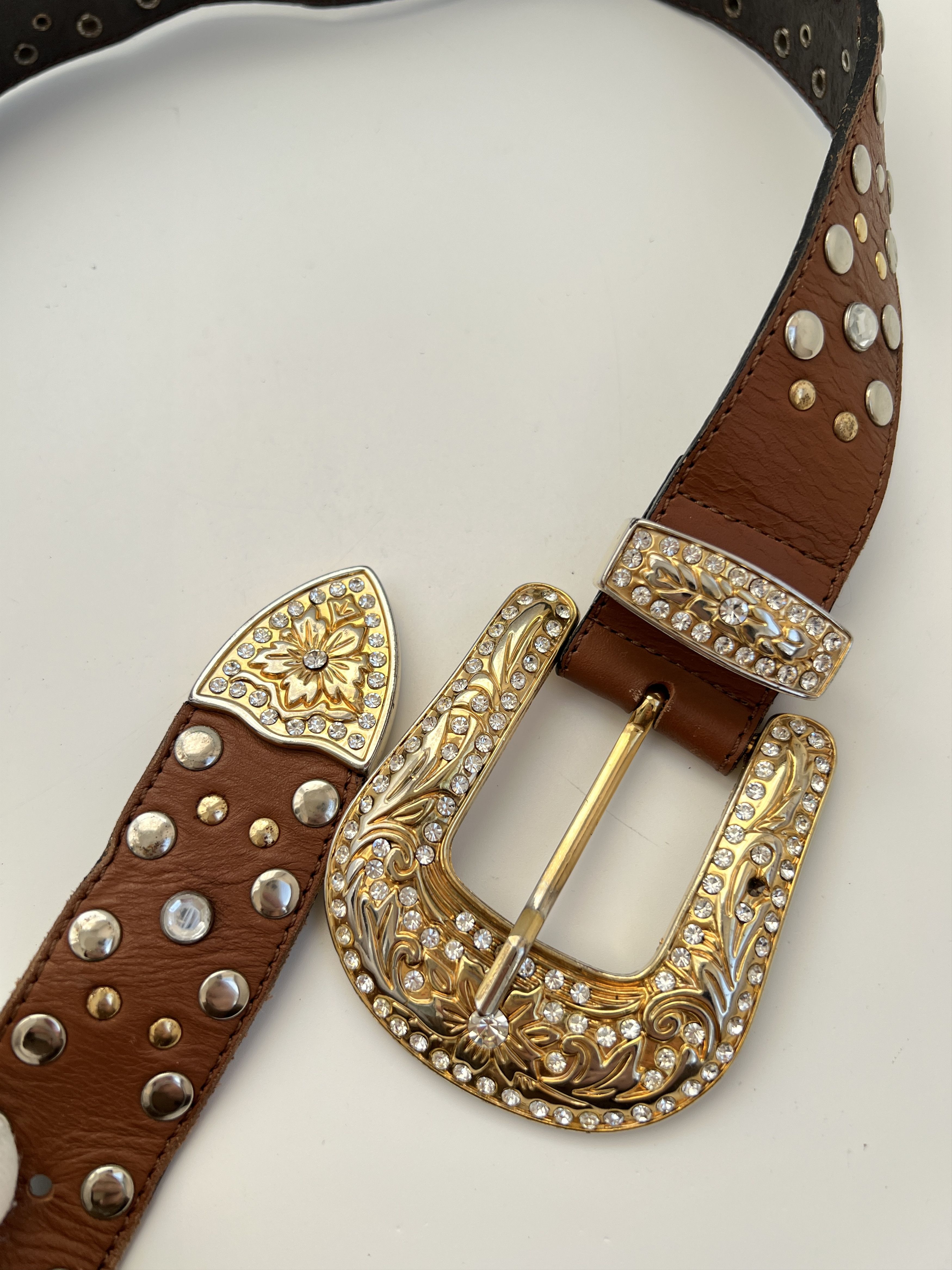 Vintage Y2K Heavy Studded Rhinestones Leather Belt Like BB Simons Size ONE SIZE - 6 Thumbnail