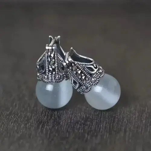 Sterling Silver × Vintage S925 Sterling Silver Cat's eye stone earrings and Earrings Size ONE SIZE - 4 Thumbnail