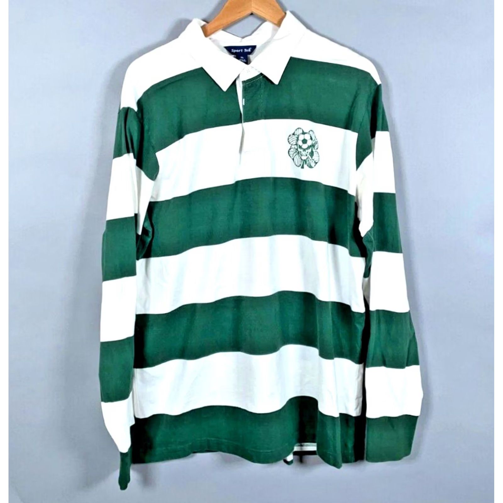 Vintage Sport-Tek Rugby Shirt Men XL White Green Striped Skull Four Leaf Clover Print Polo Size US XL / EU 56 / 4 - 2 Thumbnail