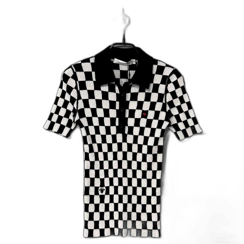 Black and White Checkered Short Sleeve Top-2505