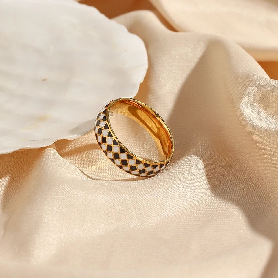 Jewelry Black White Enamel Checker Ring Size ONE SIZE - 2 Thumbnail