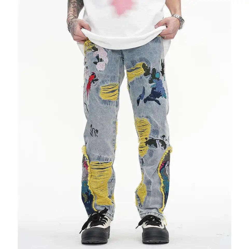 Jean Embroidered Patch Denim Ripped Jeans Size US 35 - 4 Thumbnail