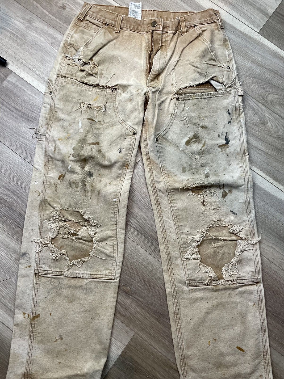 image of 5 Double Knee Carhartt Work Pants Thrashed/vintage in Army Khaki, Men's (Size 34)