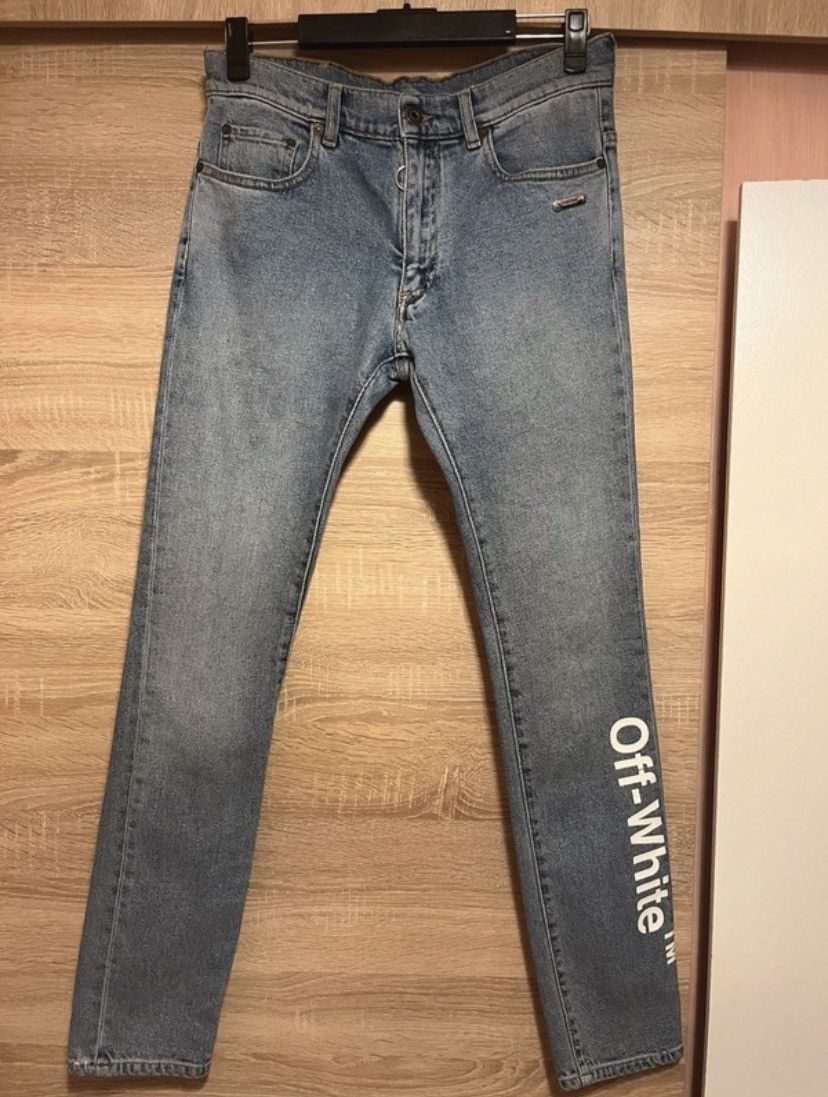 Off White blue denim jeans logo pants spray