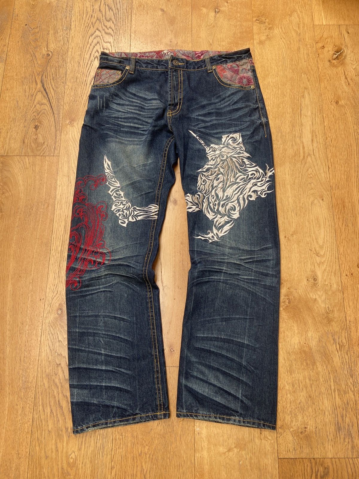 Japanese Brand EVANGELION x NISHIKI 2000s Embroidered wide cut denim ...