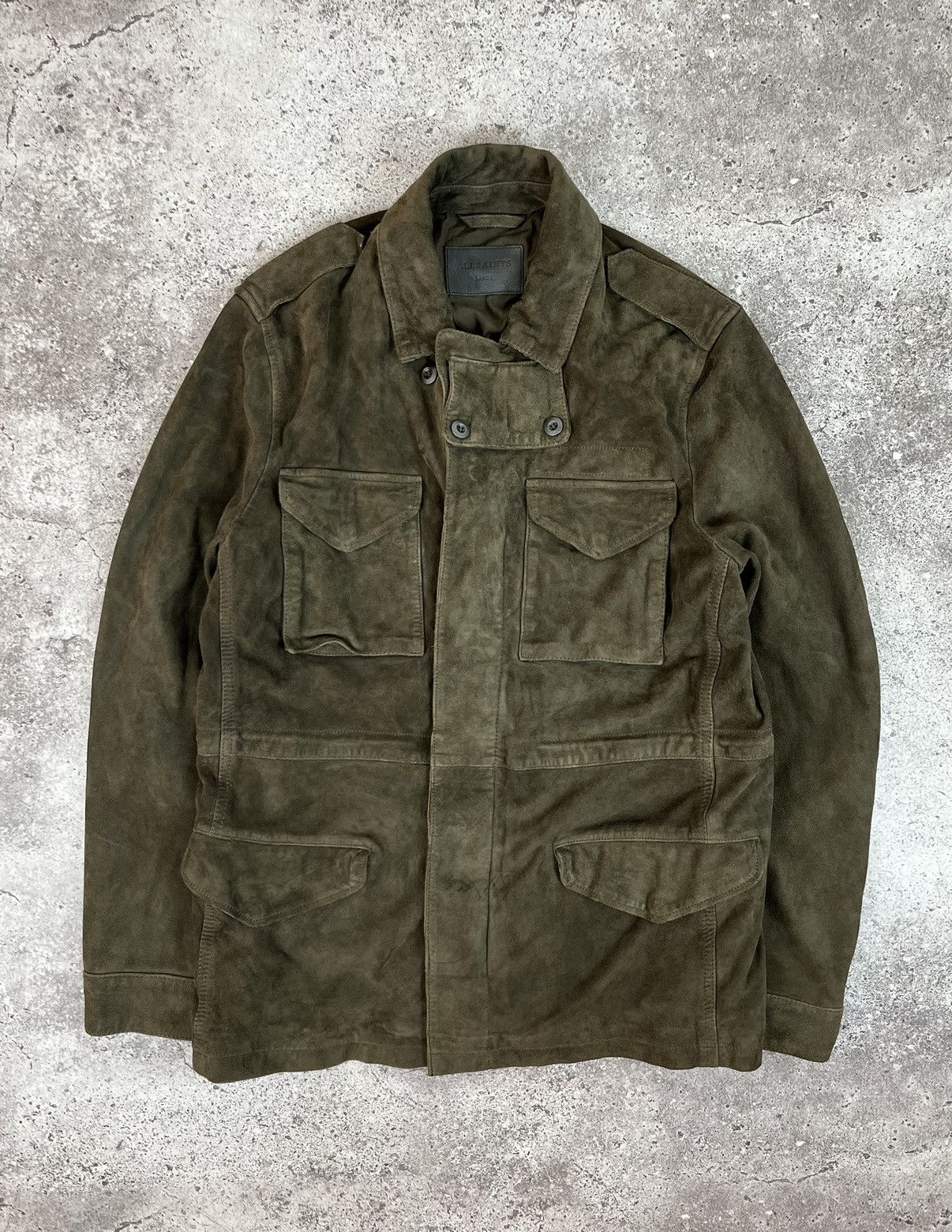 image of Allsaints Forter Suede Leather Jacket in Khaki, Men's (Size Large)
