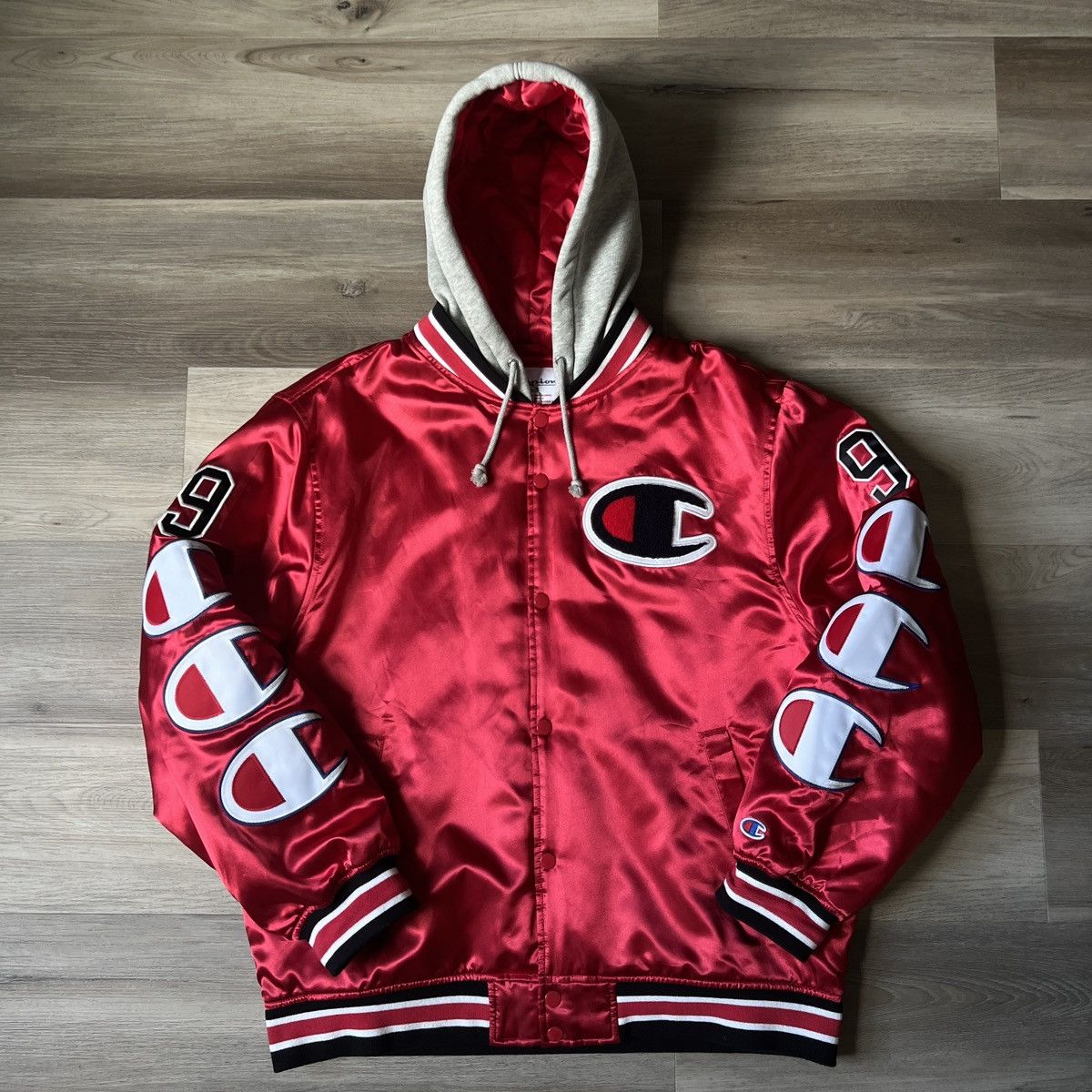 Supreme Champion Hooded Satin Varsity Jacket Red