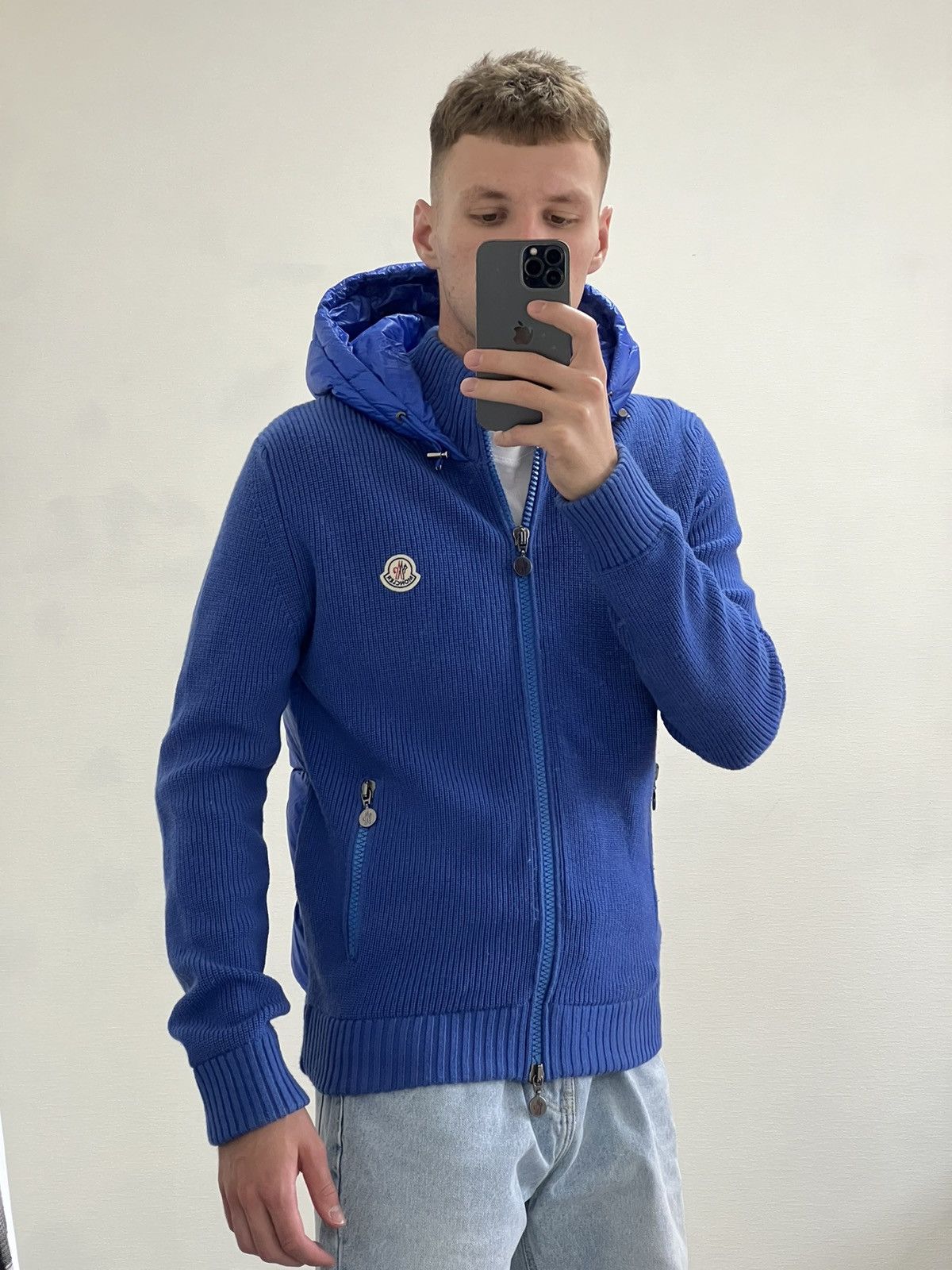 image of Moncler Knit Down Jacket in Blue, Men's (Size Large)