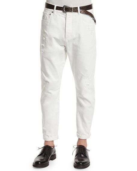 BRUNELLO CUCINELLI WHITE DISTRESSED JEANS FOR MAN