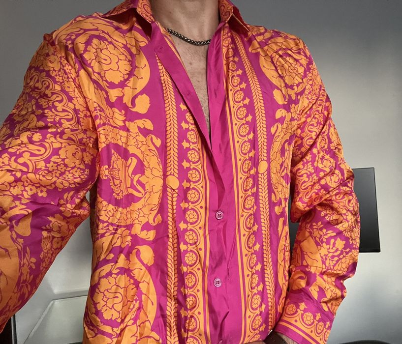 Versace Versace Barocco print silk shirt royal hot pink light orange ...