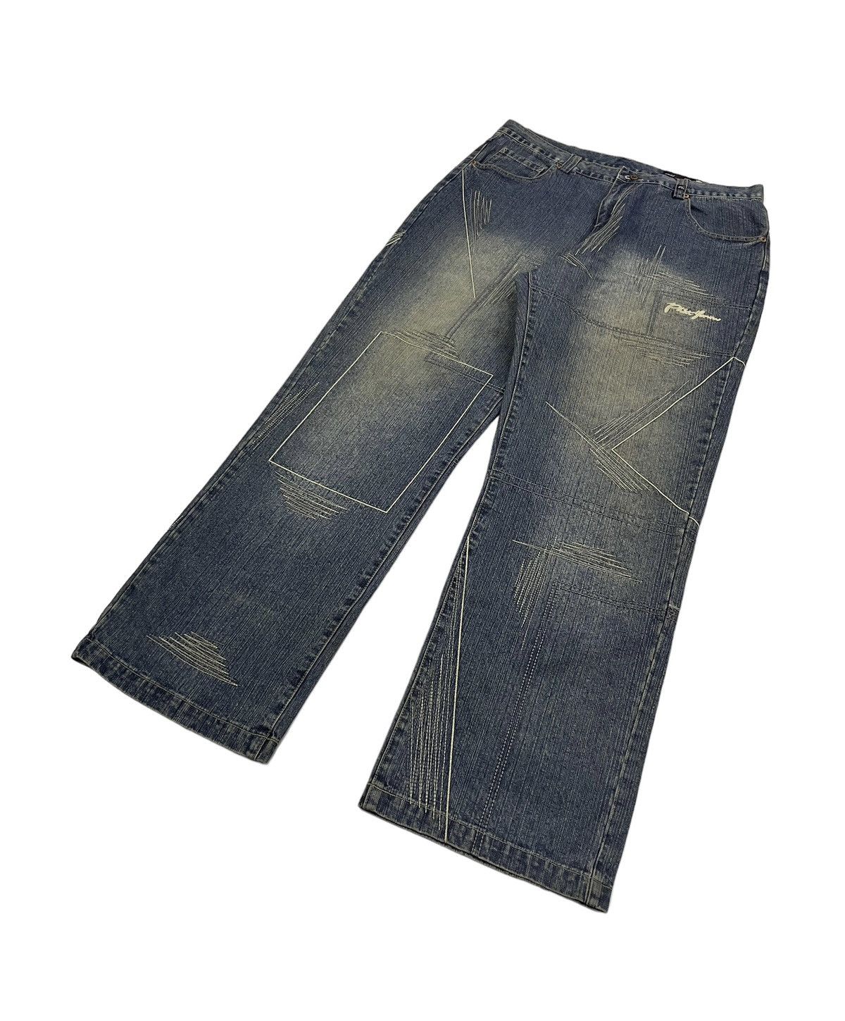 image of Vintage Phat Farm Baggy Jeans Asymmetrical Design in Blue, Men's (Size 38)