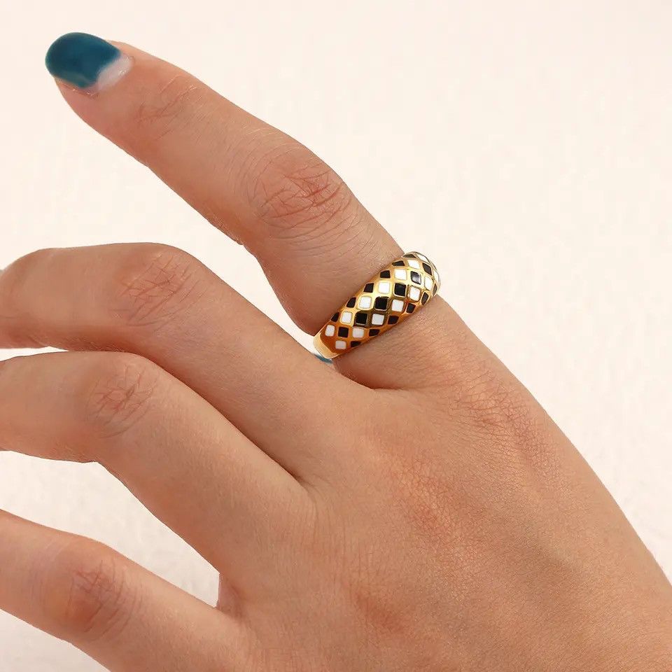 Jewelry Black White Checker Rings Size ONE SIZE - 2 Thumbnail