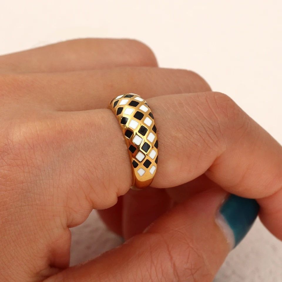 Jewelry Black White Checker Rings Size ONE SIZE - 3 Thumbnail