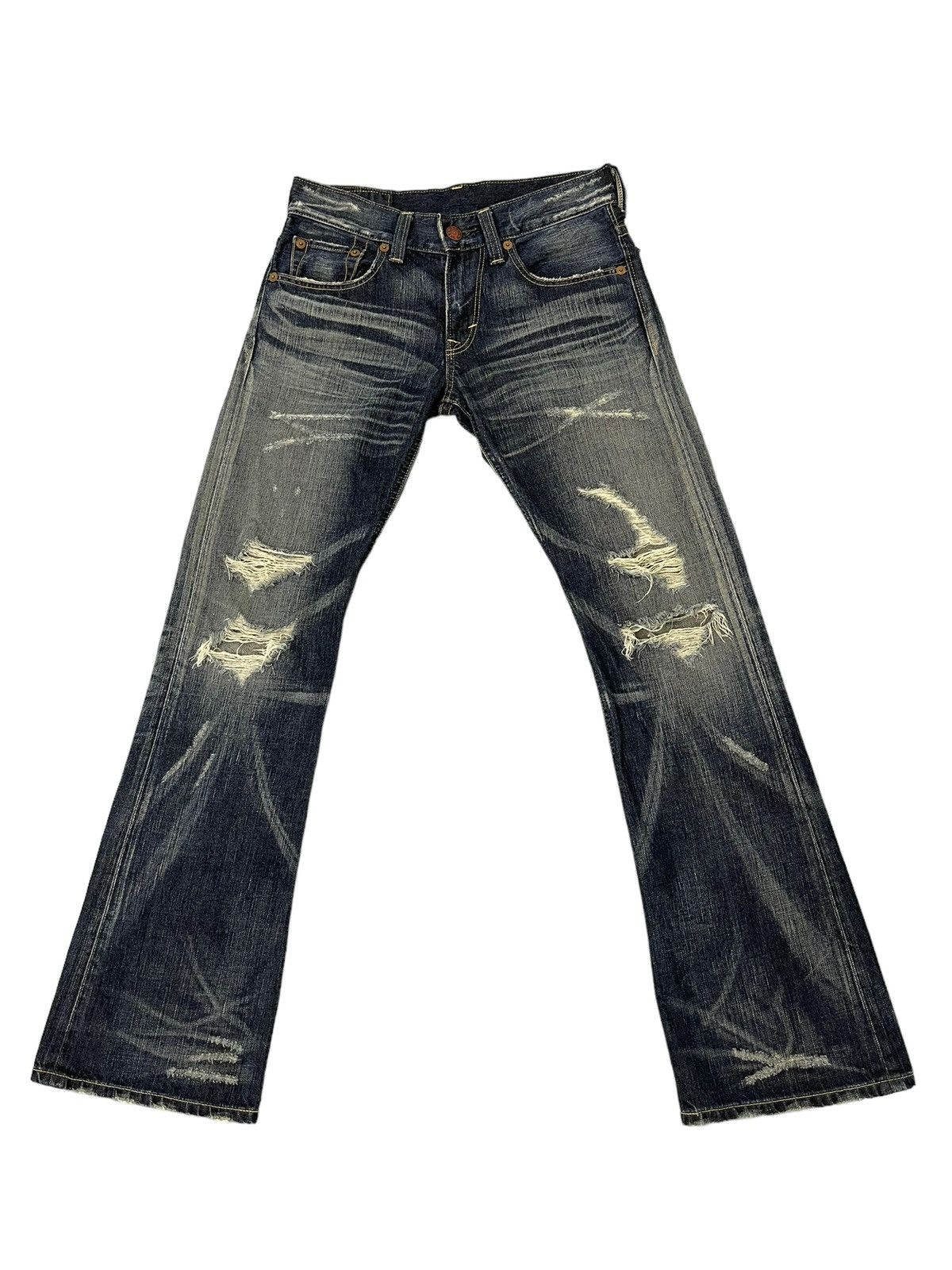 Edwin Flare Jeans Edwin Distress Acid Wash Low Rise Boot Cut 5🟦5T Size US 31 - 3 Thumbnail