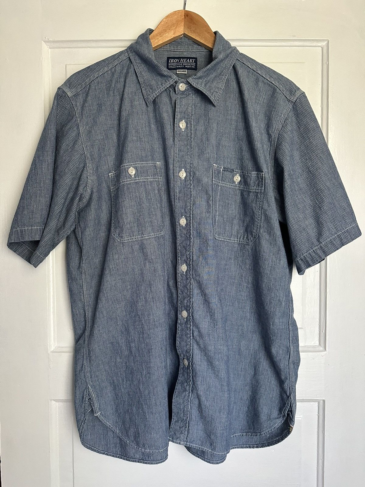 Iron Heart 285-PIN - Short Sleeved Work Shirt - 5.5oz Selvedge Pinstripe Chambray Indigo XXL