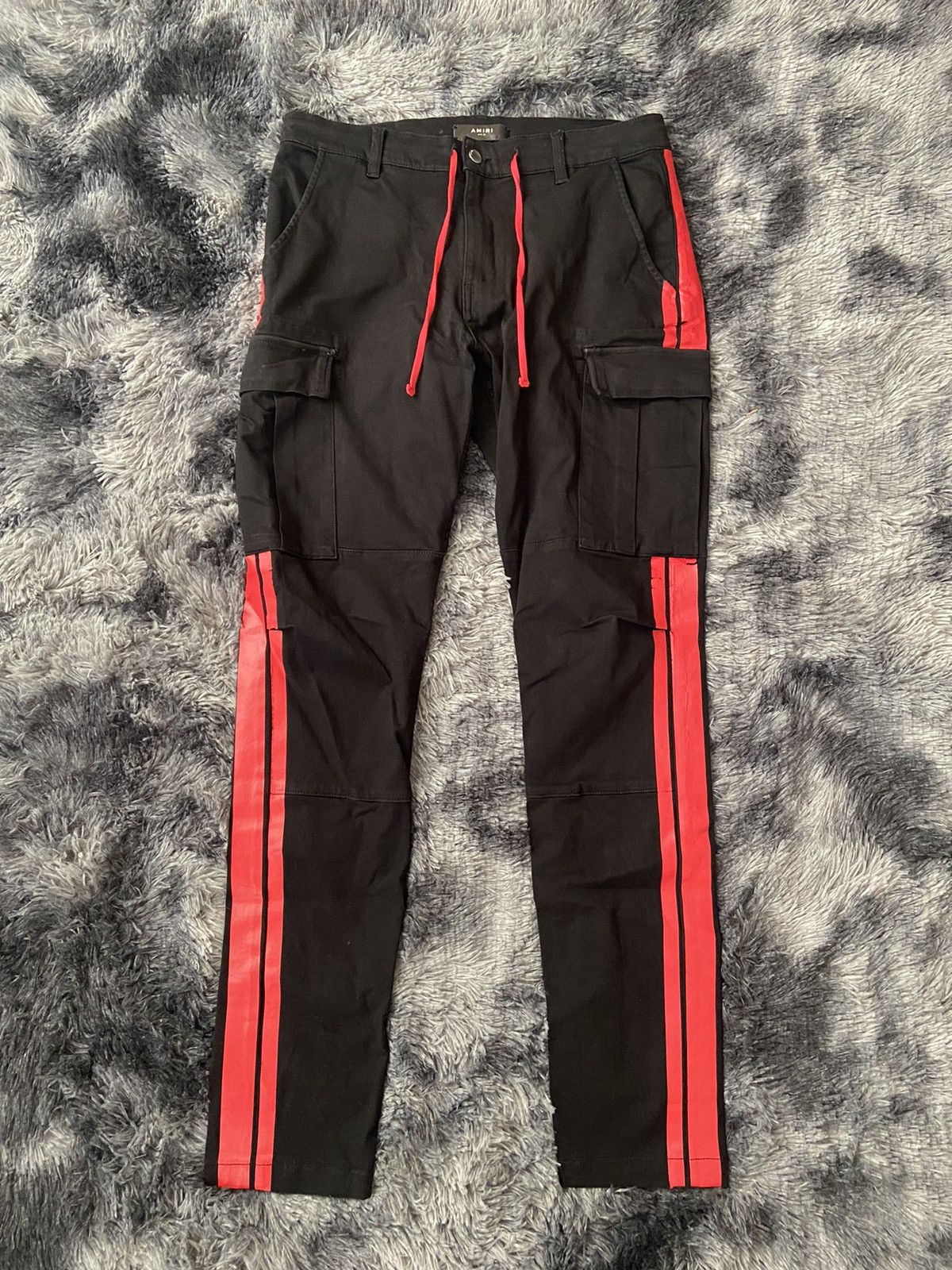 Amiri Stack Track Cargo Pants Jeans Black Red Stripes