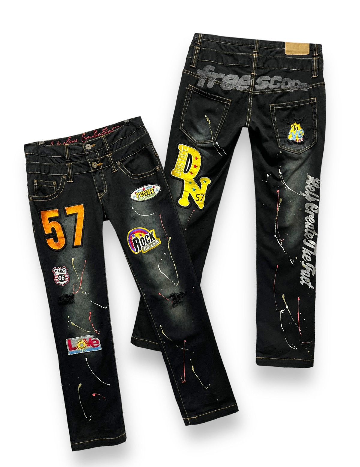 image of The Daily Company Dopedaily News Double Waist Japan Splash Multi Patches in Greenish Black (Size 32