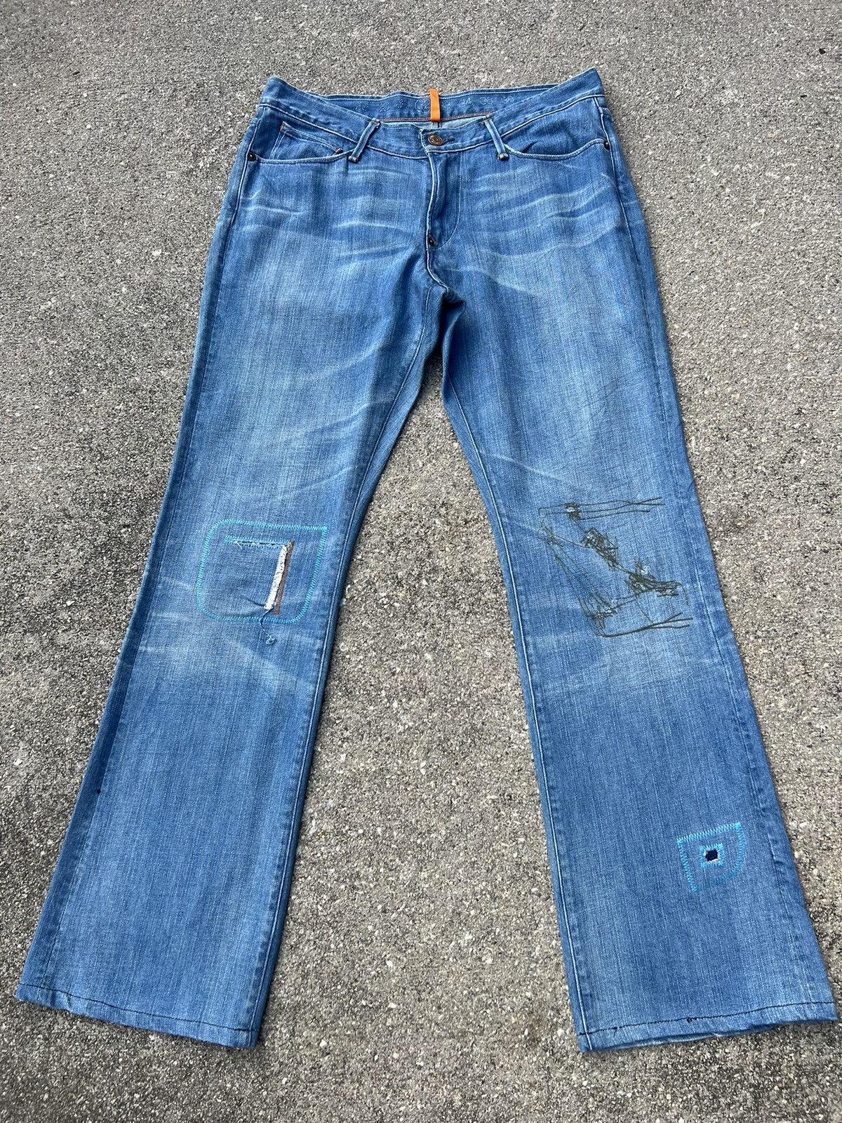 image of Earnest Sewn Distress Patchwork Denim Bootcut Jeans, Men's (Size 32)