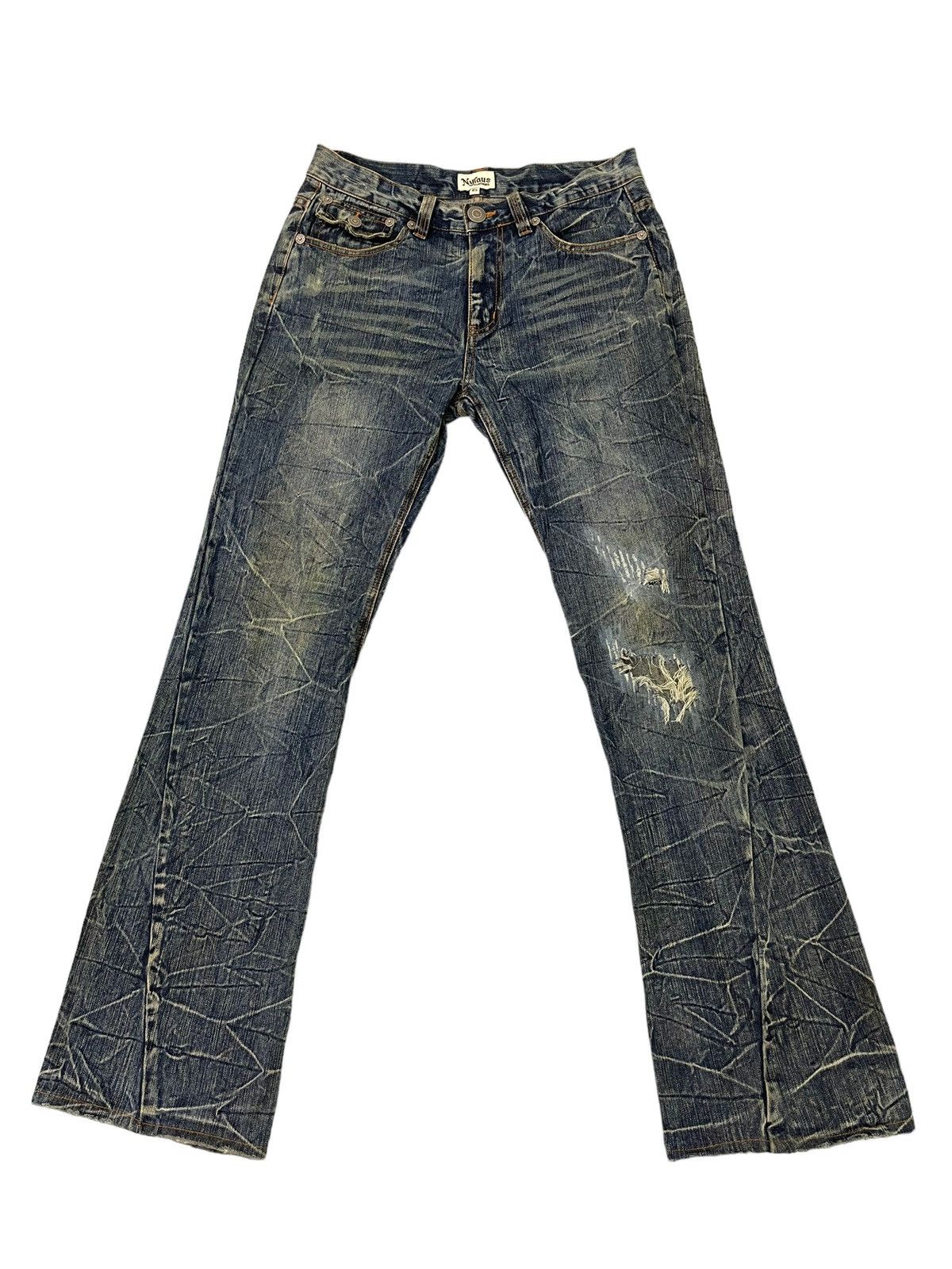 Japanese Brand Flare Jeans Nylaus Distress Acid Wash Boot Cut 5🟦7T Size US 33 - 2 Thumbnail