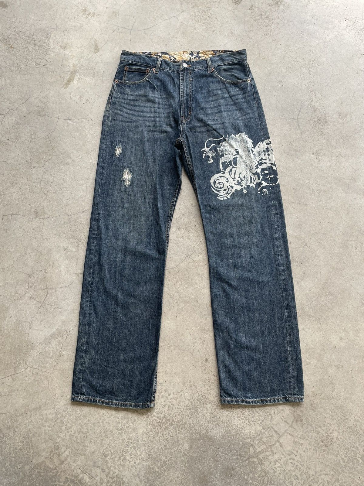 image of Vintage Karakuri Tamashii Dragon Printed Jeans in Denim, Men's (Size 34)